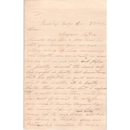 1886 Handwritten Letter Binkley's Bridge Lancaster PA D.D. Myers D21