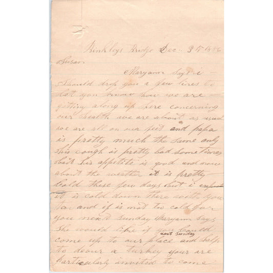 1886 Handwritten Letter Binkley's Bridge Lancaster PA D.D. Myers D21