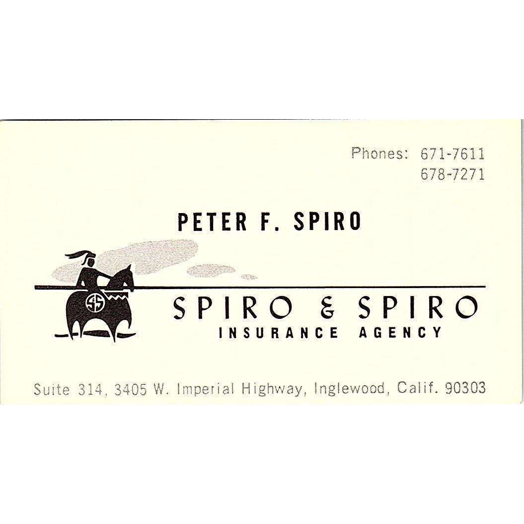 Peter F Spiro & Spiro Ins Agency Inglewood CA Vintage Business Card SD9-B10