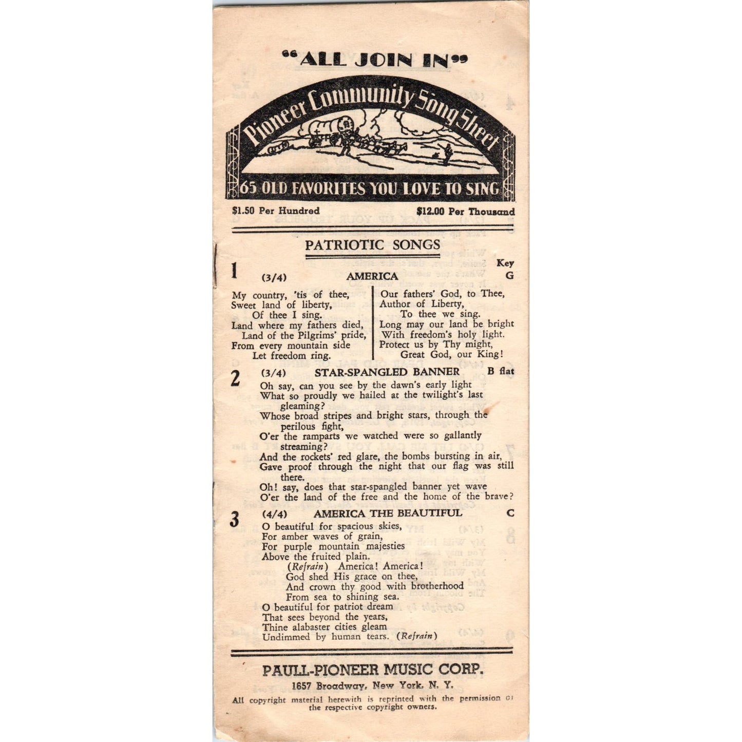 Vintage Pioneer Community Song Sheet Murray Whiteman Song Shop Buffalo NY AE6
