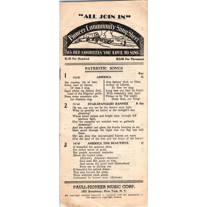 Vintage Pioneer Community Song Sheet Murray Whiteman Song Shop Buffalo NY AE6