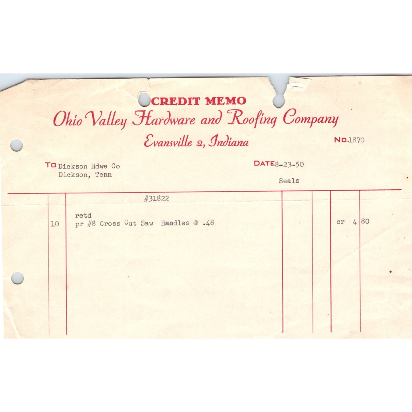 1950 Ohio Valley Hardware & Roofing Co Evansville IN Letterhead Receipt D18