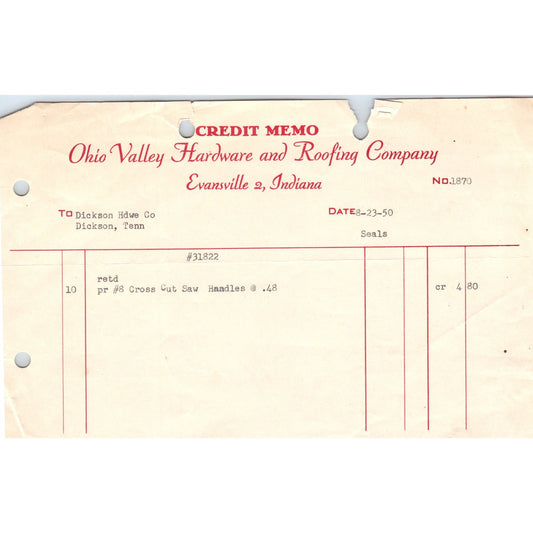 1950 Ohio Valley Hardware & Roofing Co Evansville IN Letterhead Receipt D18