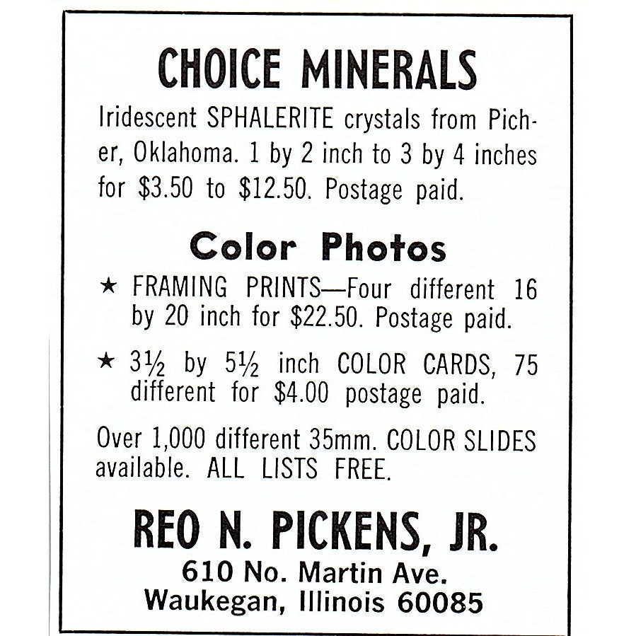 Reo N Pickens Jr Choice Minerals Waukegan IL 1972 Ad AF8-M1