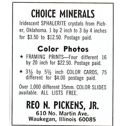 Reo N Pickens Jr Choice Minerals Waukegan IL 1972 Ad AF8-M1