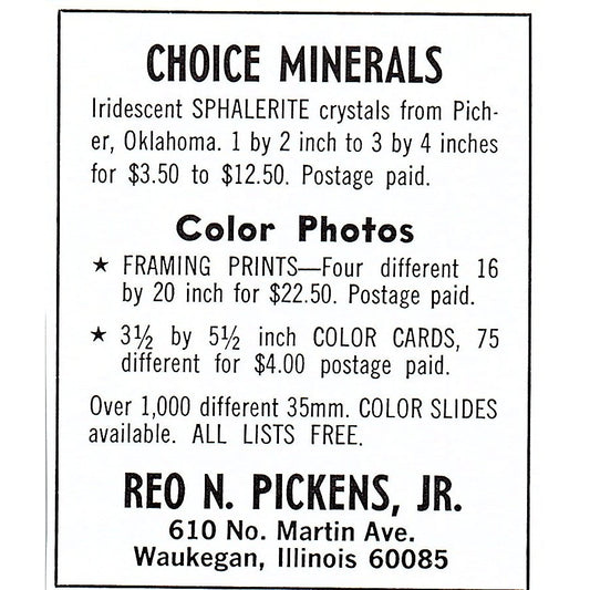 Reo N Pickens Jr Choice Minerals Waukegan IL 1972 Ad AF8-M1