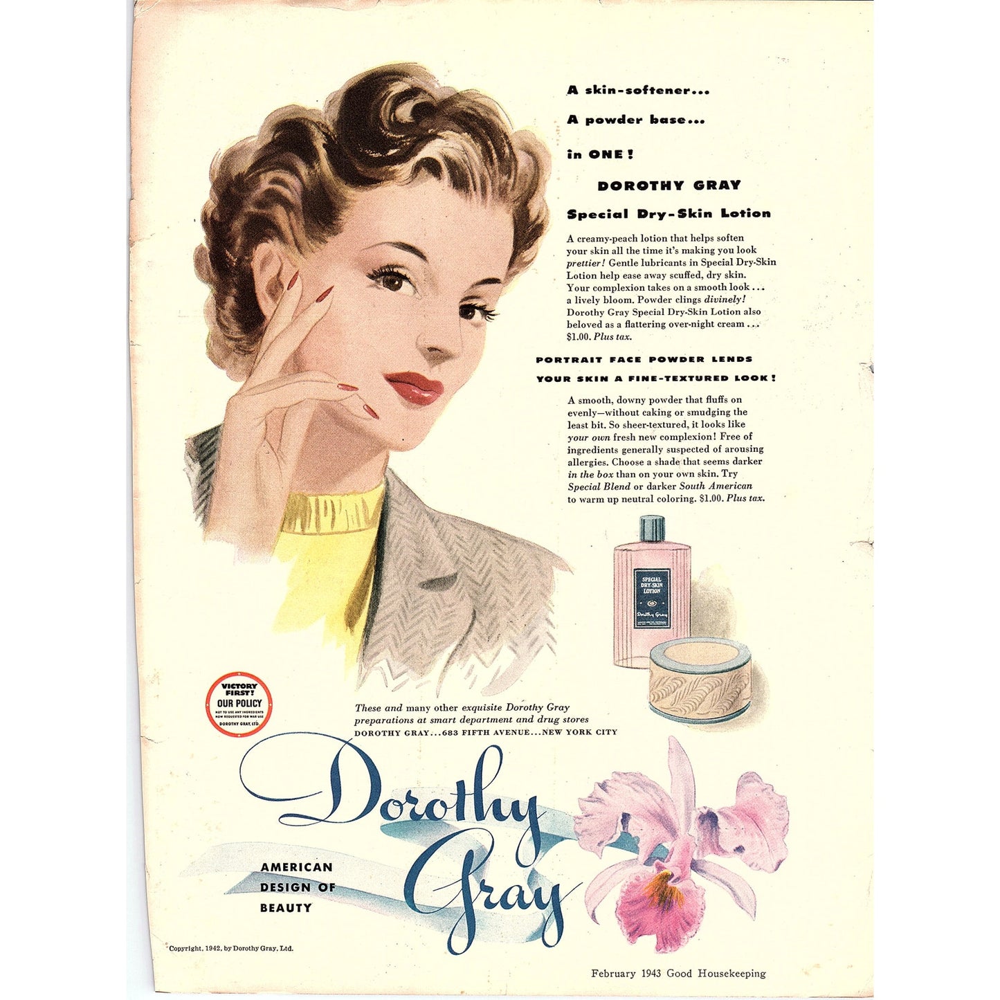 Dorothy Gray Special Dry-Skin Lotion 1943 Magazine Ad 10x13 V8