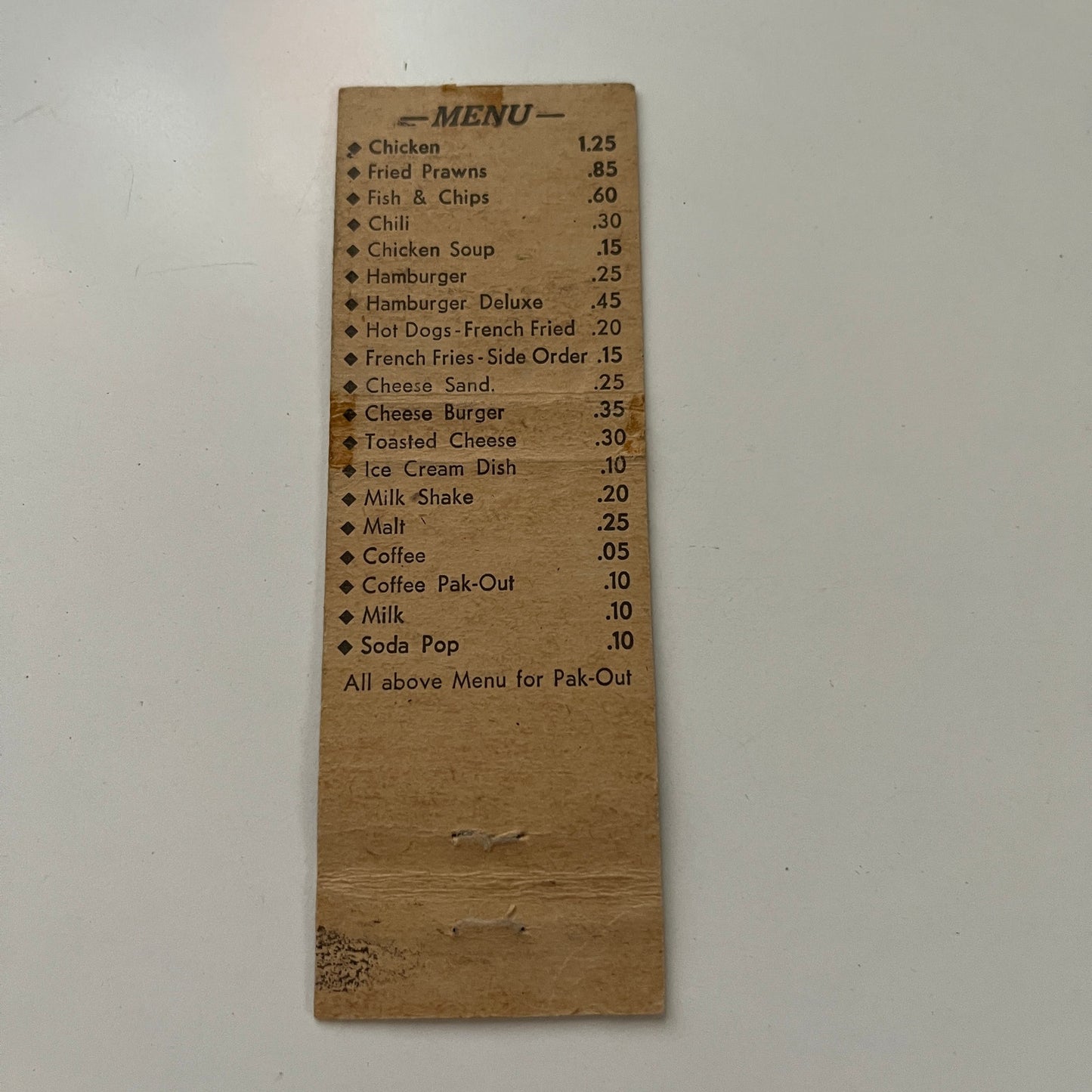 T&P Pak-Out Fish and Chips Chicken Everett WA Vtg Menu Matchbook Cover MB29-4