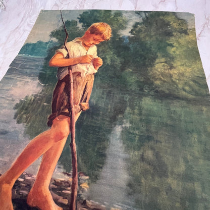 R.G. Hough Young Boy River Fly Fishing Vintage Art Print 12x14 FL6-4