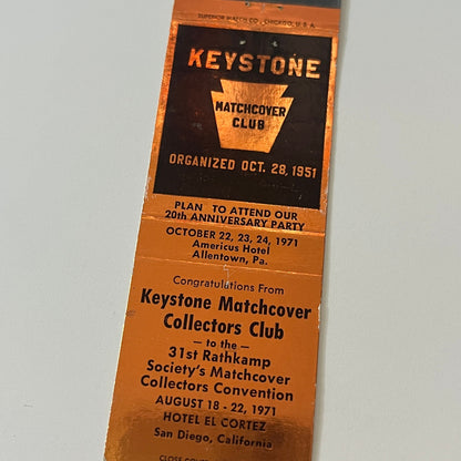 1971 Keystone Matchcover Collectors Club San Diego CA Matchbook Cover TB6-MB2-5