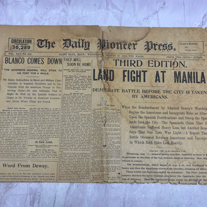 1898 St. Paul Pioneer Press Front Page Spanish American War Fight at Manila D23