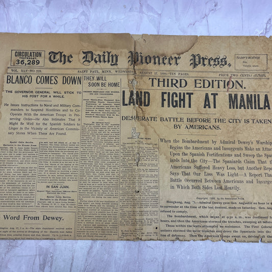 1898 St. Paul Pioneer Press Front Page Spanish American War Fight at Manila D23