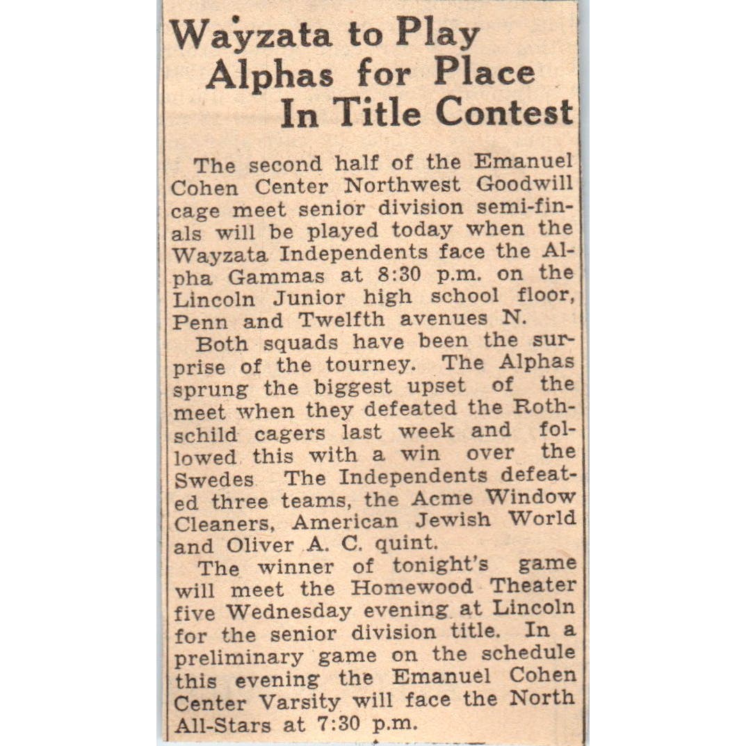 Wayzata Independents vs Alpha Gammas 1935 Minneapolis Journal Article AE7-N6