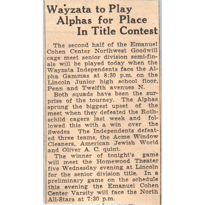 Wayzata Independents vs Alpha Gammas 1935 Minneapolis Journal Article AE7-N6