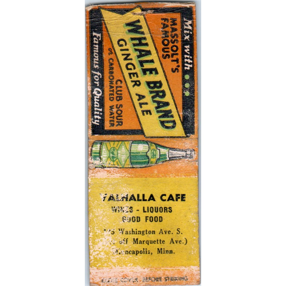 Valhalla Cafe Minneapolis Whale Brand Ginger Ale Vintage Matchbook Cover SF4-Y2