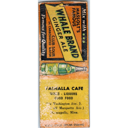 Valhalla Cafe Minneapolis Whale Brand Ginger Ale Vintage Matchbook Cover SF4-Y2