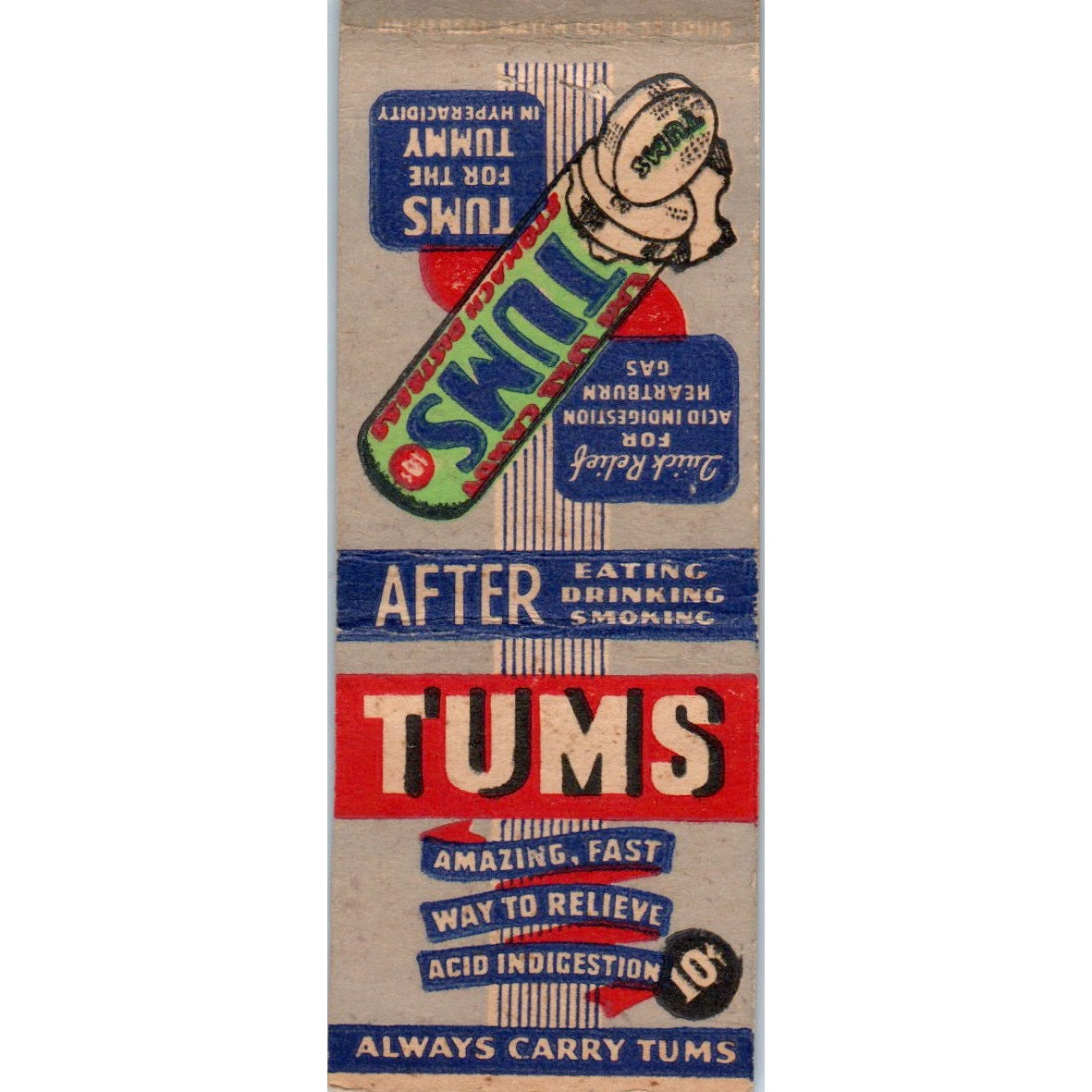 TUMS Indigestion Relief Vintage Matchbook Cover SD2-Y9
