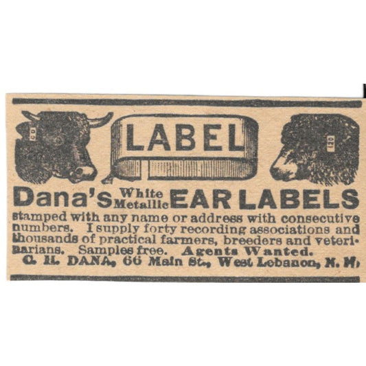 C.H. Dana White Metallic Ear Labels West Lebanon NH 1905 Magazine Ad AF1-NES3