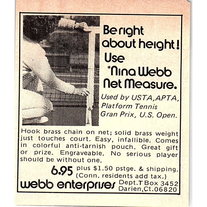 Nina Webb Solid Brass Tennis Net Measure Darien CT 1977 Ad AF3-Q3