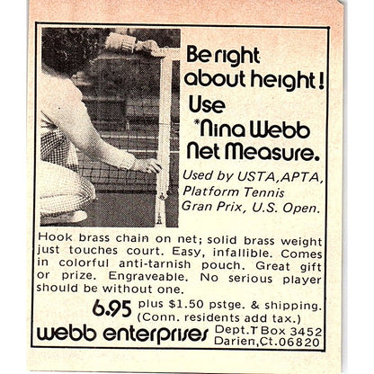 Nina Webb Solid Brass Tennis Net Measure Darien CT 1977 Ad AF3-Q3
