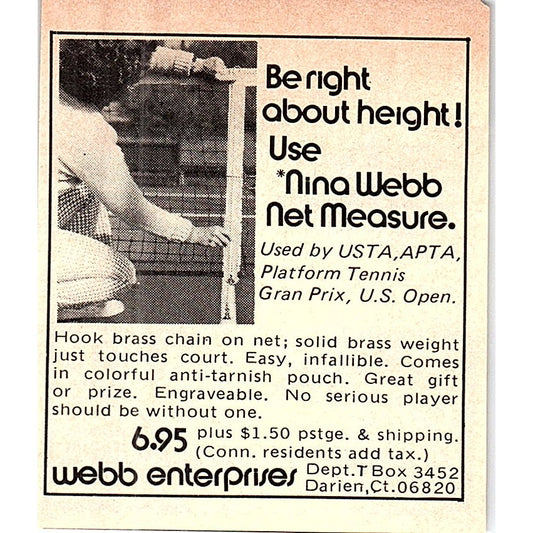 Nina Webb Solid Brass Tennis Net Measure Darien CT 1977 Ad AF3-Q3