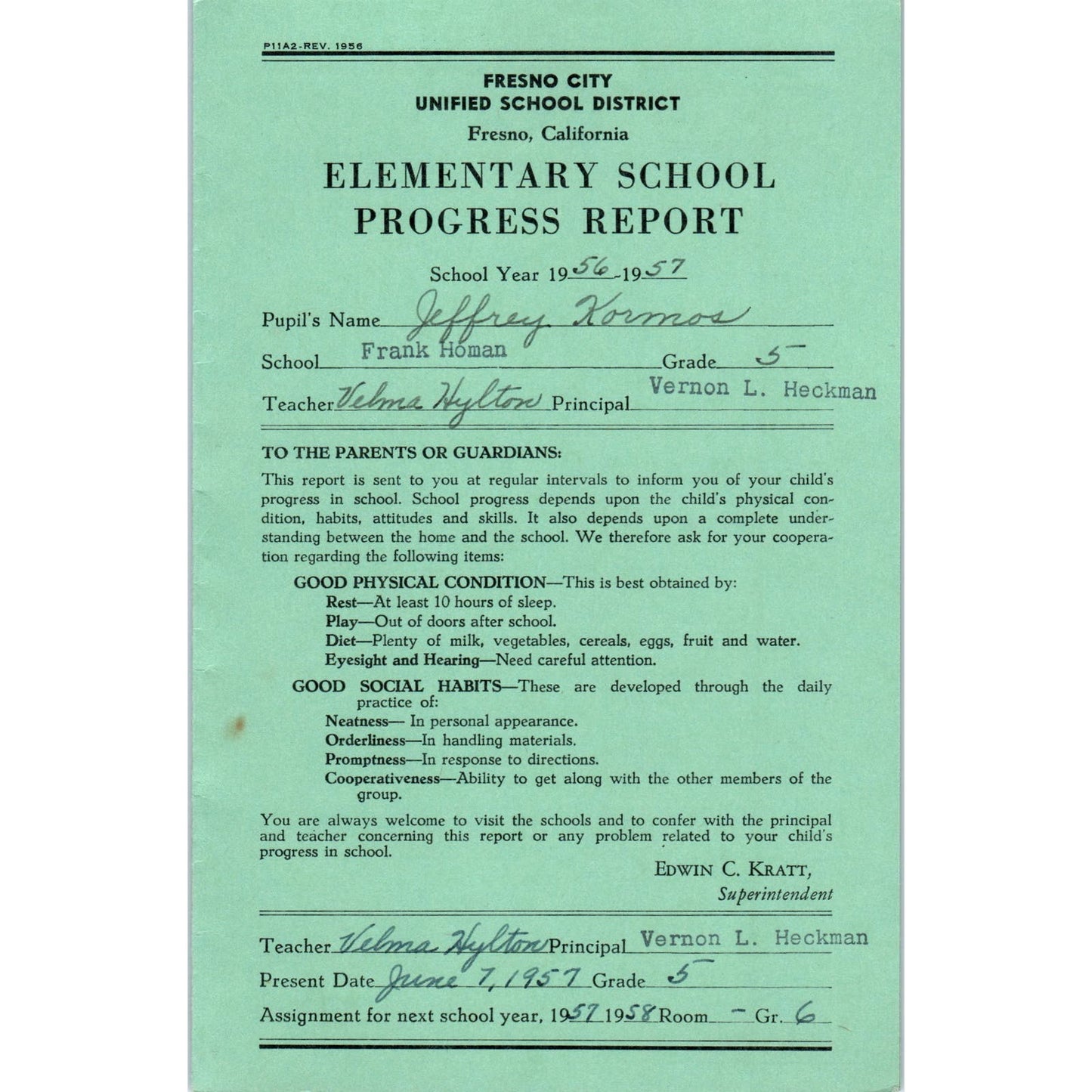 1956-57 Fresno City Schools Fresno CA Report Card Jeffrey Kormos Grade 6 AB9