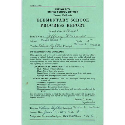 1956-57 Fresno City Schools Fresno CA Report Card Jeffrey Kormos Grade 6 AB9