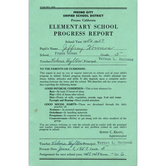 1956-57 Fresno City Schools Fresno CA Report Card Jeffrey Kormos Grade 6 AB9
