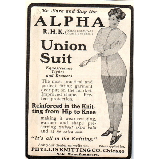 Alpha Union Suit Phyllis Knitting Co Chicago c1905 Original Advertisement AE7-A1
