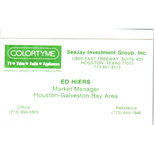 Ed Heirs Houston TX ColorTyme Rent to Own Vintage Business Card SD8-B5