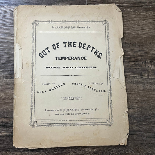 Out of the Depths - Temperance Song - Ella Wheeler 1874 Sheet Music V33-4