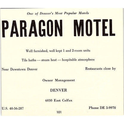 Paragon Motel 6030 East Colfax Ave Denver CO 1958 Ad AG1-H3