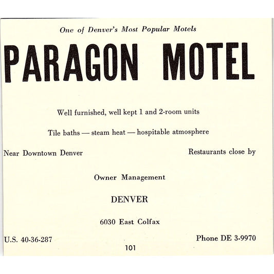 Paragon Motel 6030 East Colfax Ave Denver CO 1958 Ad AG1-H3