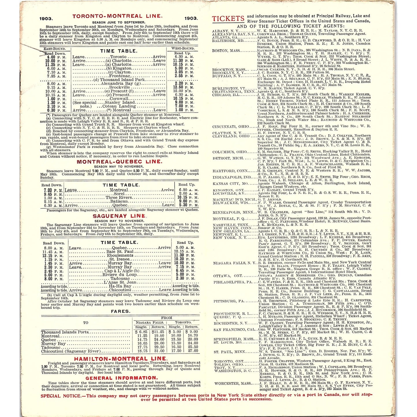 1903 Richelieu and Ontario Timetable Booklet, Map & Travel Brochure TH2-TB2