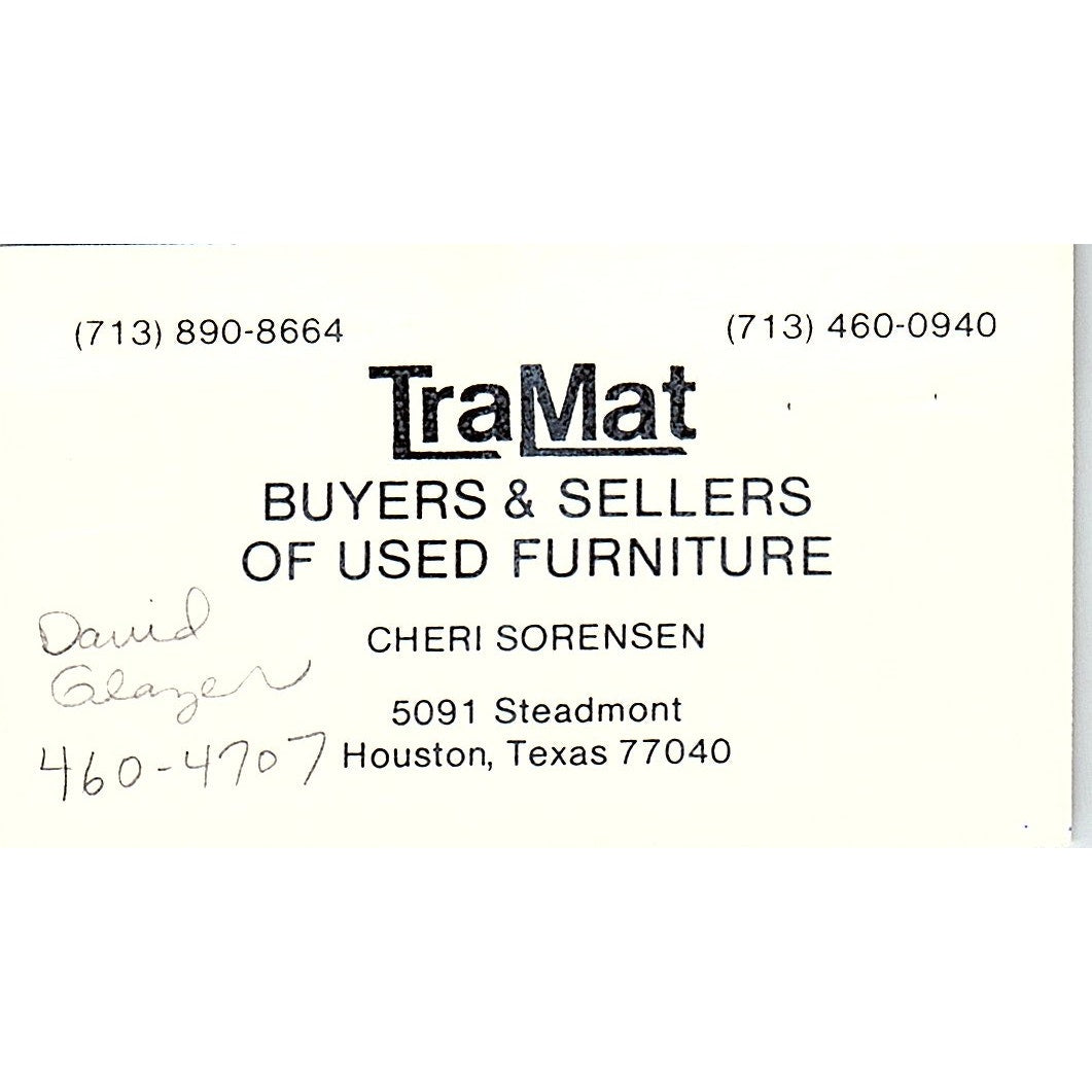 TraMat Used Furniture Cheri Sorensen Houston Vintage Business Card SC9-B5