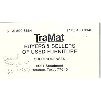 TraMat Used Furniture Cheri Sorensen Houston Vintage Business Card SC9-B5