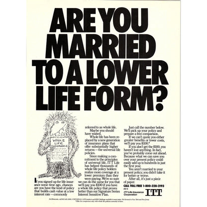 ITT - Are You Married to a Lower Life Form? Koren Illustration 1984 Ad AF8-5