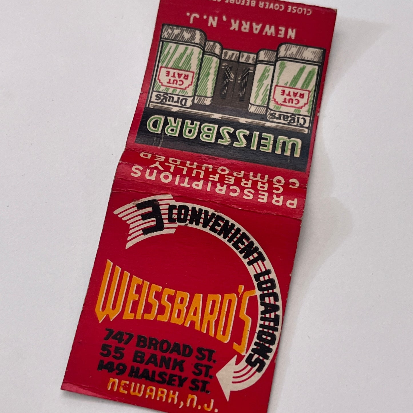 Weissbard's Drug Store Newark NJ Vintage Matchbook Cover TB8-MB-11