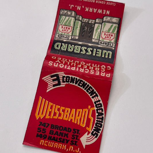Weissbard's Drug Store Newark NJ Vintage Matchbook Cover TB8-MB-11