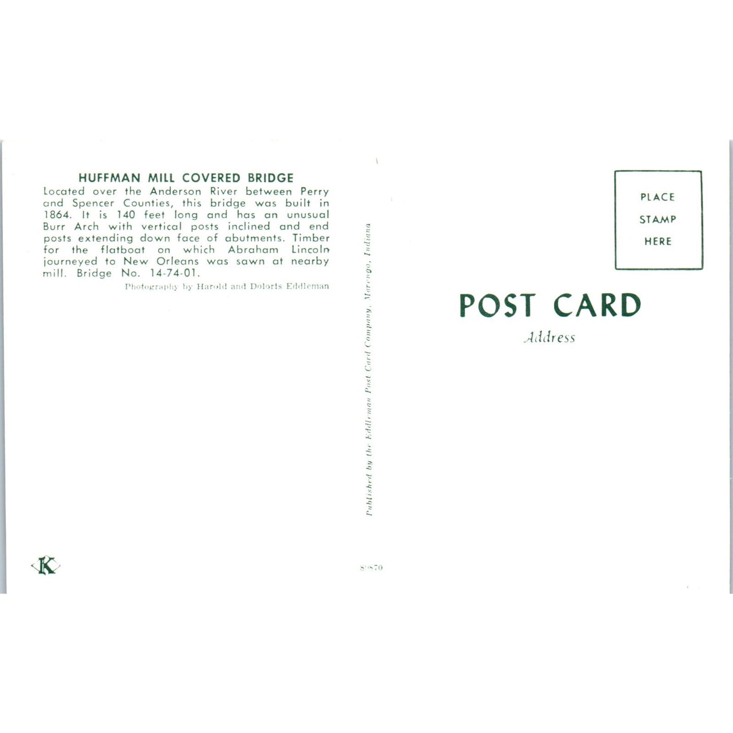 Anderson River Perry Spencer County Huffman Mill Covered Bridge Postcard PB11