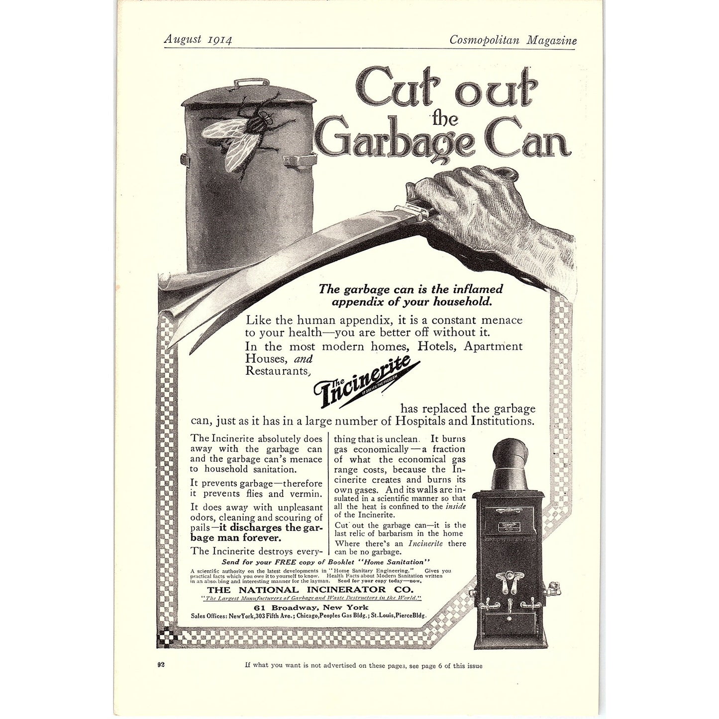 1914 Incinerite The National Incinerator Co NY Antique Magazine Ad 6.5x9.5 V4
