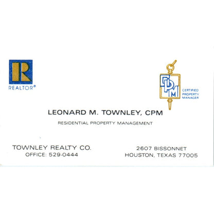 Leonard M. Townley Realty Co Houston TX Vintage Business Card SD4-B5
