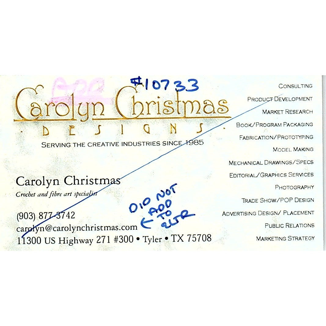 Carolyn Christmas Designs Tyler TX Vintage Business Card SC9-B11