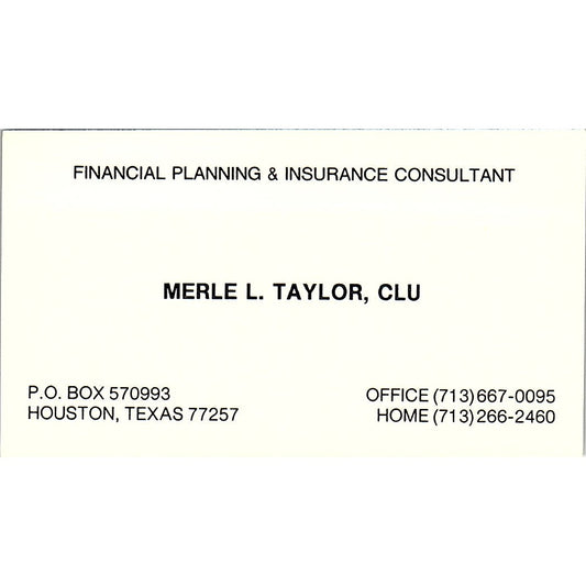 Merle L. Taylor CLU Financial Planner Houston Texas Vintage Business Card SF3-B4