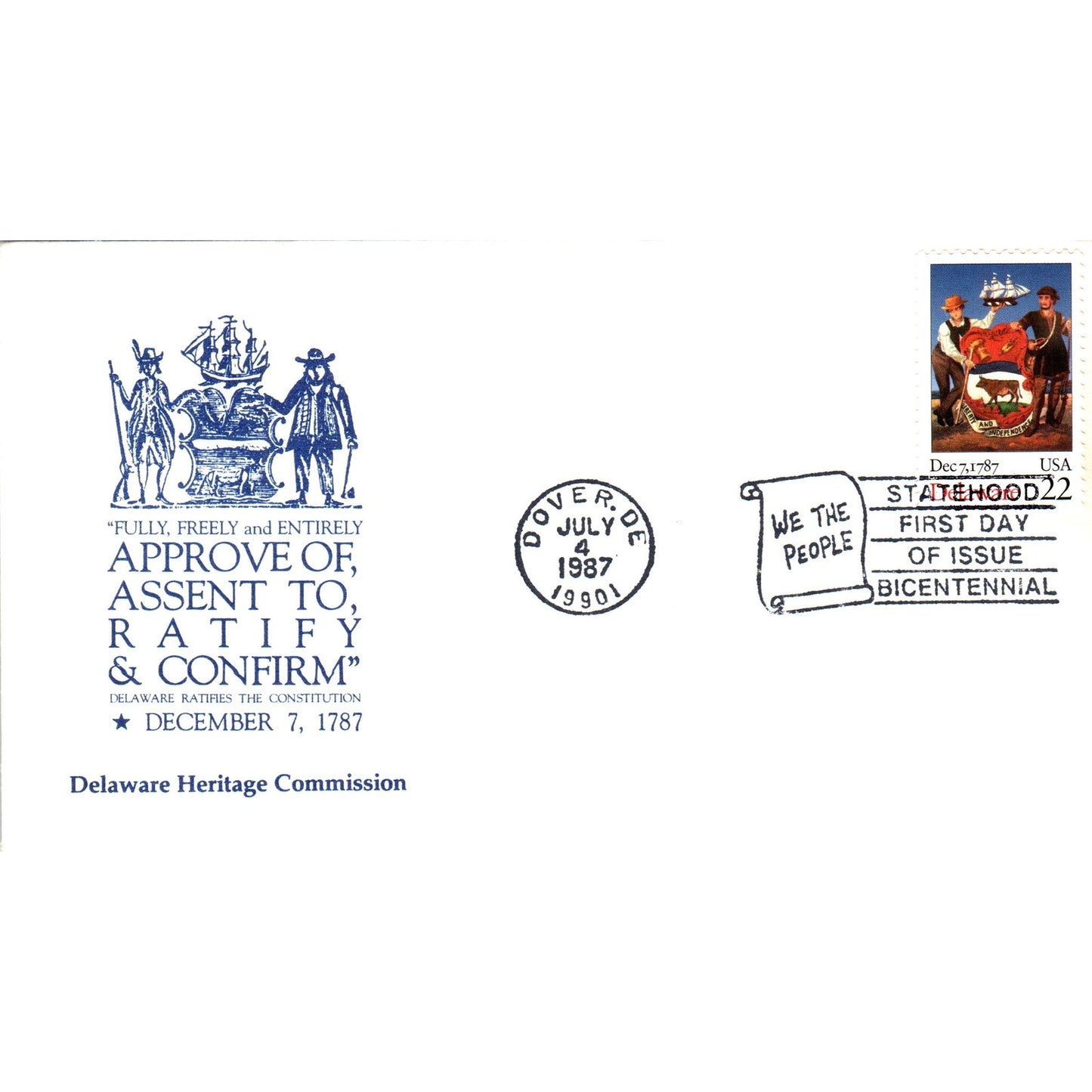 1987 Delaware Statehood Bicentennial First Day Issue Postal Cover TJ5-PC4