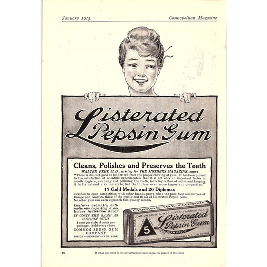 1915 Listerated Pepsin Gum Walter Peet MD Vintage Magazine Ad 7x10 V10