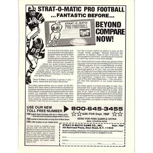 Strat-O-Matic Pro Football Game Glen Head NY 8x11" 1983 Ad D26