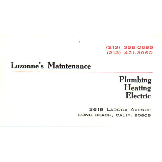 Lozonne's Maintenance Plumbing Heating Long Beach Vintage Business Card SD4-B1