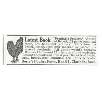 Berry's Poultry Farm Book Clarinda Iowa 1913 Magazine Advertisement AE7-N8
