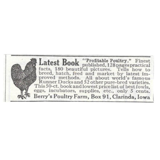Berry's Poultry Farm Book Clarinda Iowa 1913 Magazine Advertisement AE7-N8